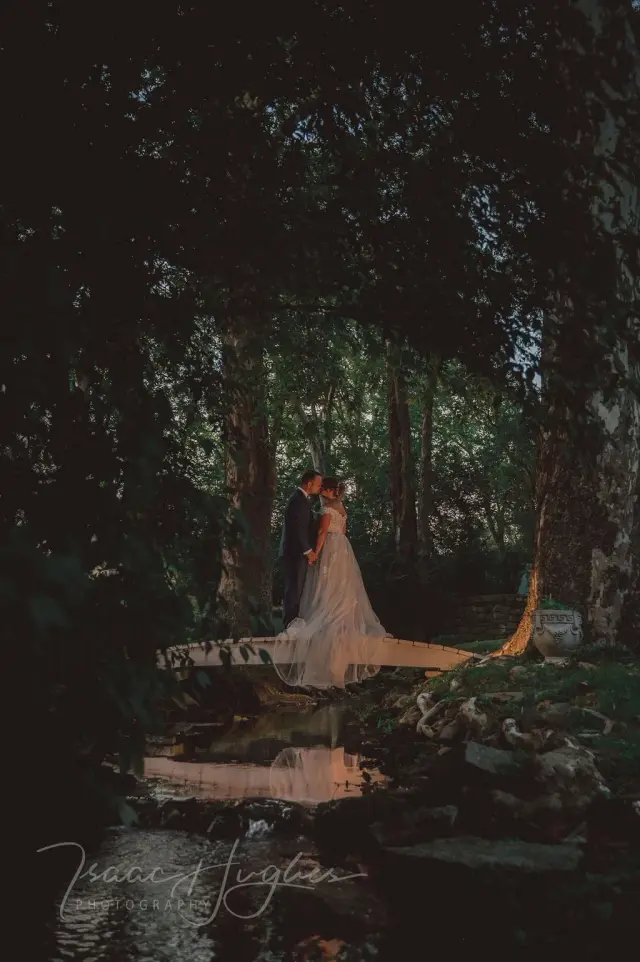Couple in the woods at night, the bride's train catching the light
