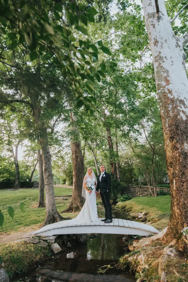 Bride and groom on the footbridge beneath a sycamore