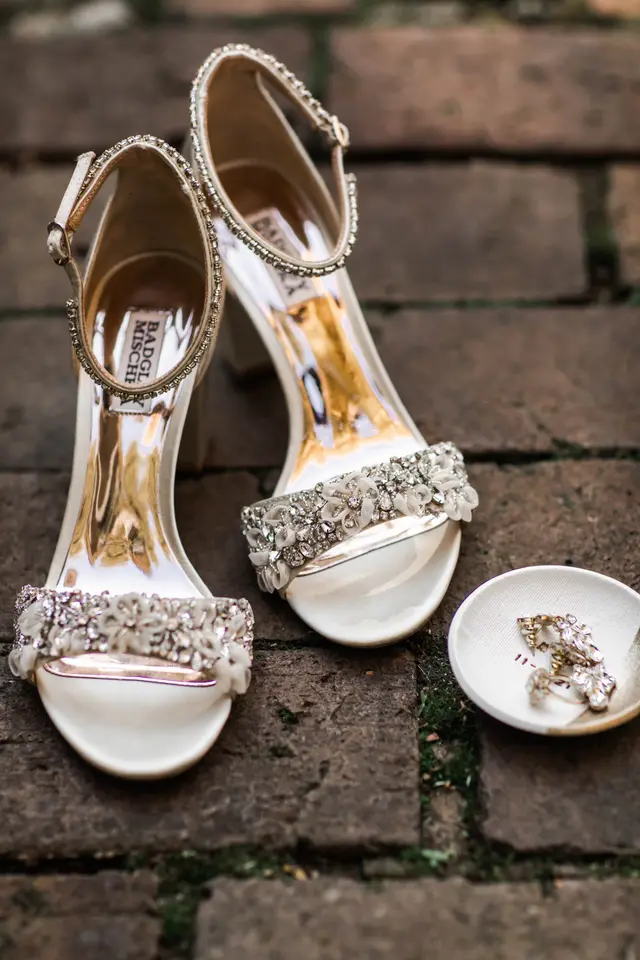Jeweled bridal sandals on the brick walk