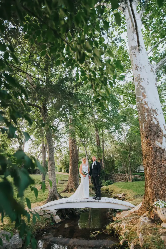 Couple on the footbridge under the sycamores in summer