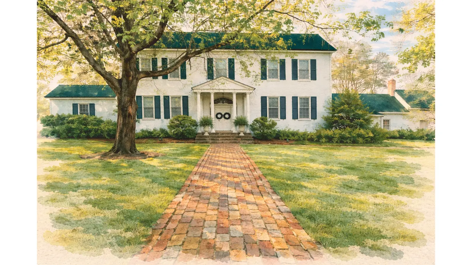 Watercolor illustration of Spring Haven Mansion